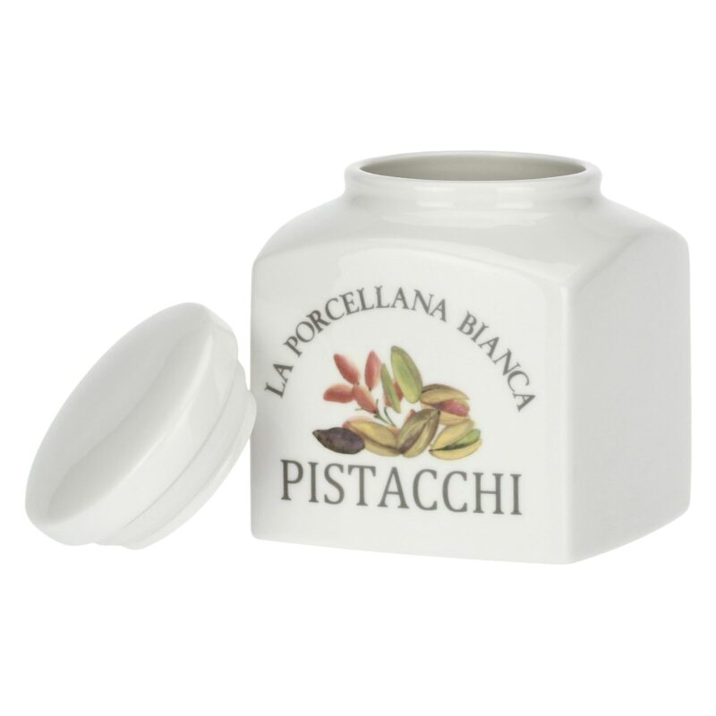 Barattolo Pistacchi 0,5L LA PORCELLANA BIANCA. Porcellana bianca decorata, pratico e ideale per conservare pistacchi e frutta secca con eleganza.