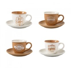 Set 4 Tazzine Caffè Brandani con piattini. Design elegante e decorazioni a tema caffè. Perfette per espresso e momenti di convivialità.