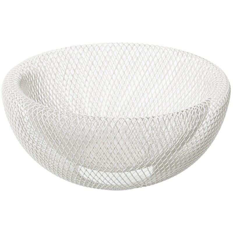 Cestino Portafrutta “Linea Aria” CAMACHO. Metallo bianco dal design moderno, ideale per frutta e decorazioni. Elegante, leggero e perfetto per ogni cucina.