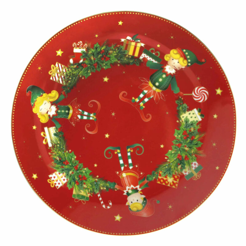 Piatto Portata Brandani Linea Elfomagia Rosso. Design fiabesco con elfi, doni e colori intensi. Ideale per servire e decorare la tavola di Natale con passione e magia.