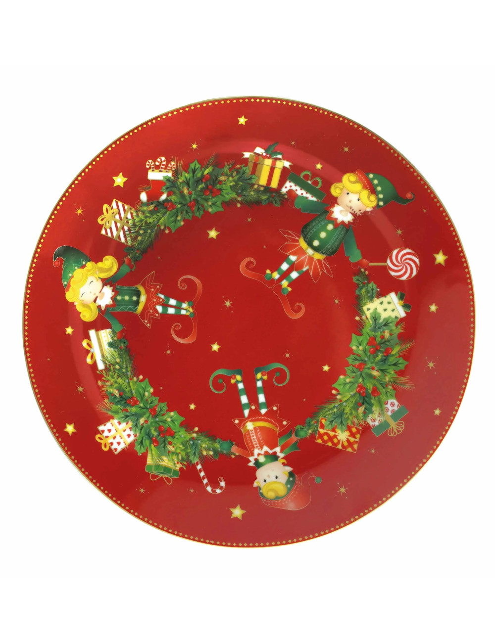 Piatto Portata Brandani Linea Elfomagia Rosso. Design fiabesco con elfi, doni e colori intensi. Ideale per servire e decorare la tavola di Natale con passione e magia.