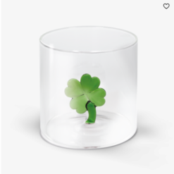 Bicchiere in vetro 250 ml con quadrifoglio WD Lifestyle. Leggero, resistente e decorativo, perfetto per bevande o come oggetto portafortuna.