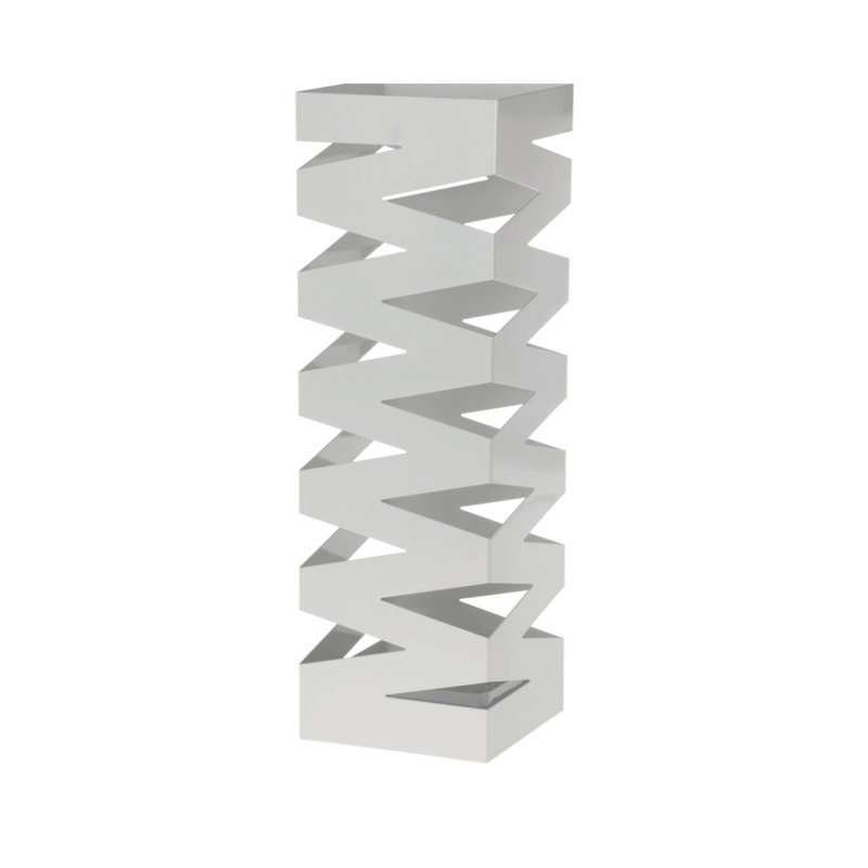 Portaombrelli geometrico in metallo bianco Camacho con taglio laser. Design moderno e resistente, ideale per ingressi eleganti e organizzati.