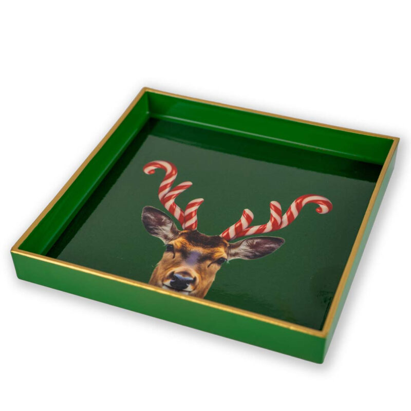 Vassoio Svuotatasche Natalizio WD Lifestyle verde. Design quadrato con finitura oro. Illustrazione Renna/Candy Cane. Perfetto per chiavi e regali.