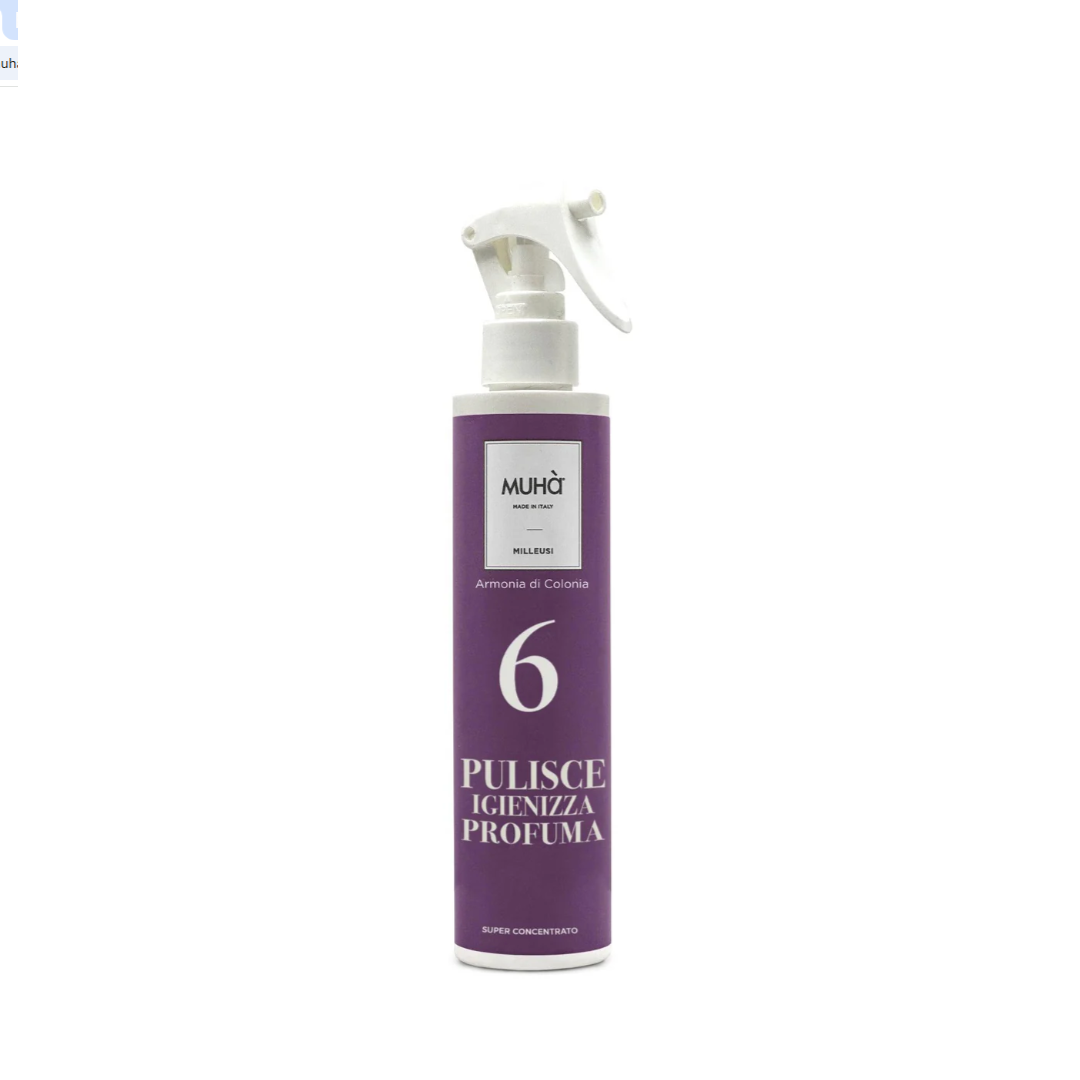 Spray Pulisci e Profuma “Armonia di Colonia” MUHÀ. Fragranza fresca e agrumata, ideale per tessuti e ambienti. Rinfresca e profuma con eleganza.