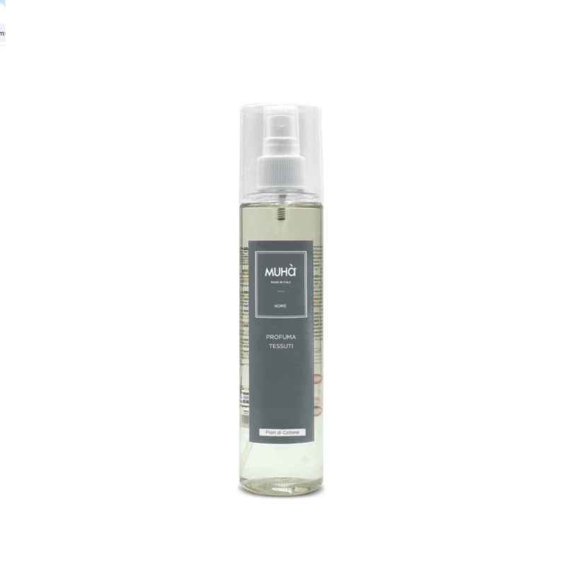 Spray Tessuti “Fiori di Cotone” MUHÀ. Fragranza morbida e pulita, ideale per capi e arredi. Rinfresca e deodoriza con delicatezza.