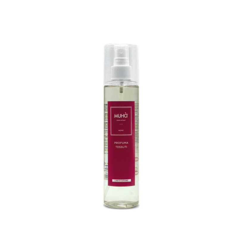 Spray Tessuti “Lino e Cotone” MUHÀ. Fragranza fresca e naturale, ideale per capi e arredi. Rinfresca e deodoriza con delicatezza.