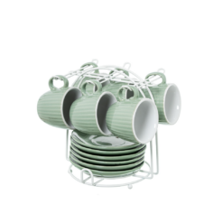 Tazzine Caffè Verde Menta Camacho con piattino e supporto in metallo. Eleganti, pratiche e luminose. Perfette per una cucina fresca e ordinata.