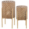 Fioriere metallo oro set da 2 pezzi. Portapiante design traforato a effetto rattan. Fioriera alta moderna per arredo interno dorato e chic.