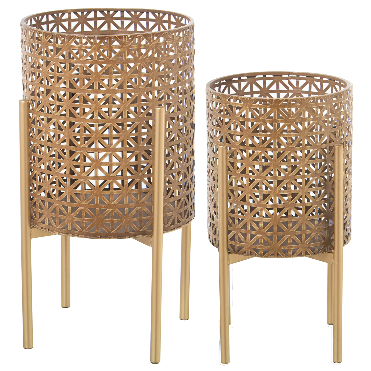 Fioriere metallo oro set da 2 pezzi. Portapiante design traforato a effetto rattan. Fioriera alta moderna per arredo interno dorato e chic.