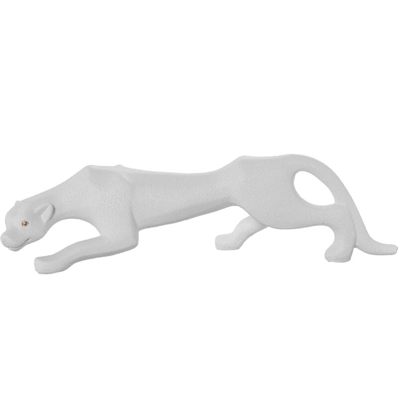 Scultura pantera ceramica di design. Statua ghepardo in bianco opaco con occhi oro. Decorazione minimalista bianca di grande impatto visivo.