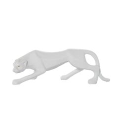 Scultura pantera ceramica di design. Statua ghepardo in bianco opaco con occhi oro. Decorazione minimalista bianca di grande impatto visivo.