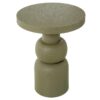 Tavolino metallo verde design "Foresta". Comodino cilindrico in verde oliva opaco con finitura materica. Perfetto per arredo interno moderno e scultoreo.
