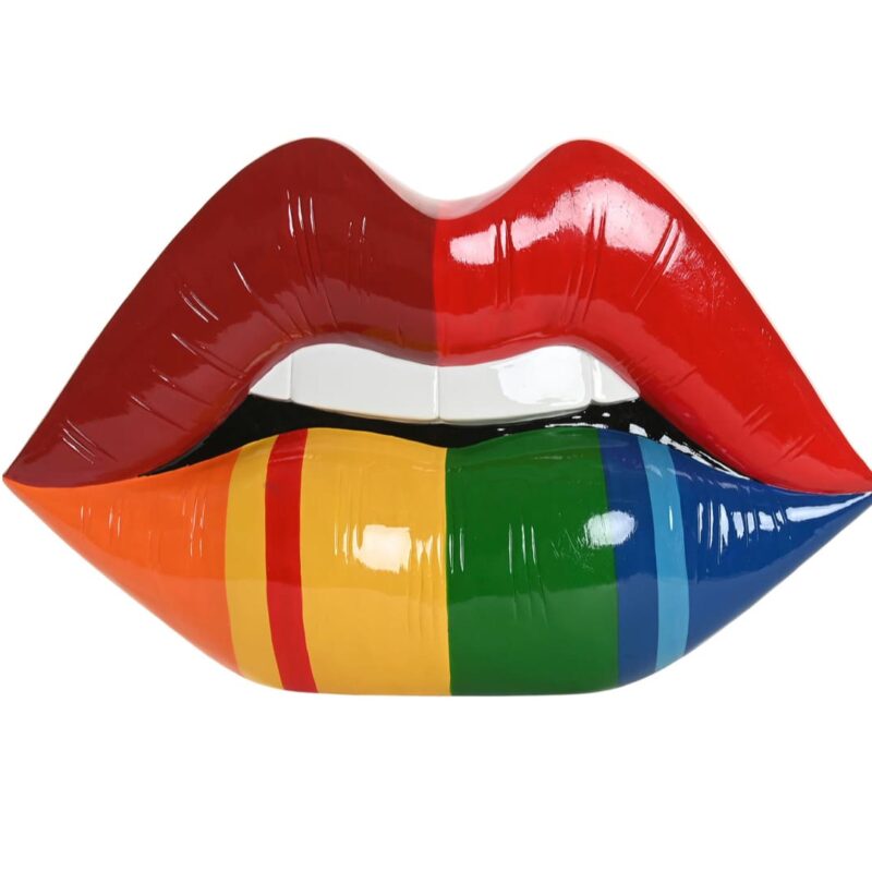 Scultura labbra Pop Art Arcobaleno in resina laccata lucida. Decorazione versatile da muro. Stile moderno, audace e di tendenza.