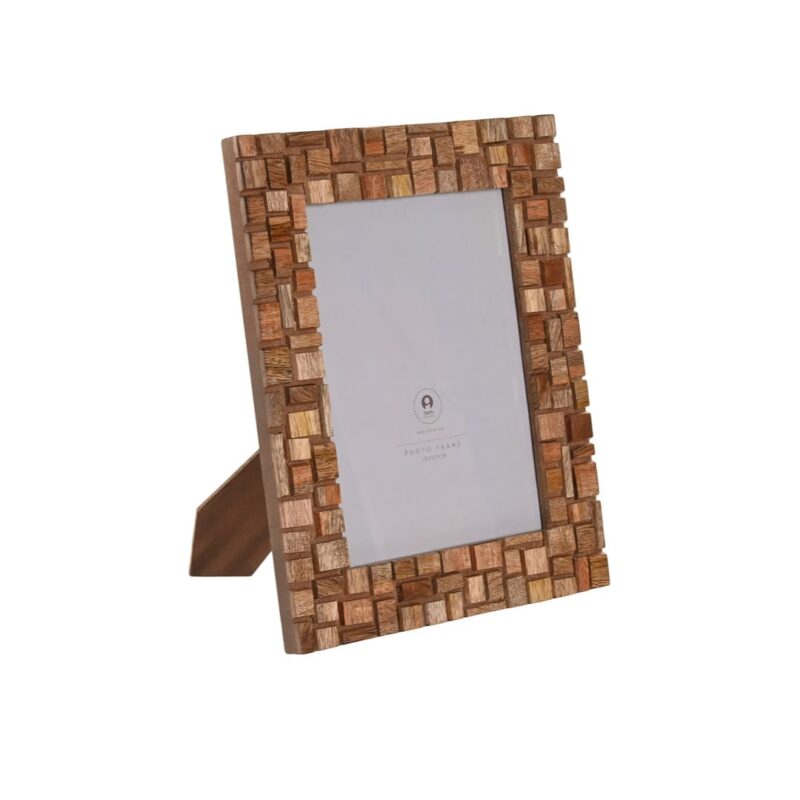 Cornice portafoto tasselli in legno di mango (10x15 cm). Design unico a tasselli 3D. Ideale per regali e arredo da tavolo. Stile naturale