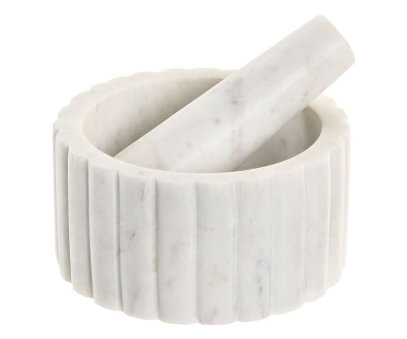 Mortaio e Pestello di Lusso in Marmo Bianco Scanalato. Accessorio cucina di design massello. Perfetto per spezie e regali. Acquista il tuo mortaio ora!