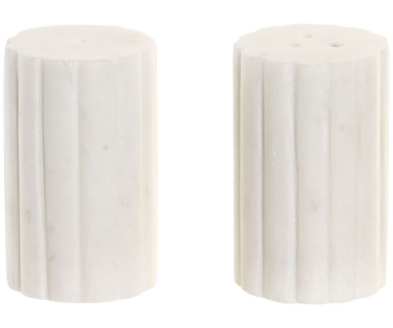 Set Sale e Pepe in Marmo Bianco Scanalato. Accessori tavola di lusso, design a colonna. Perfetto per cene eleganti e regali. Acquista il set ora!