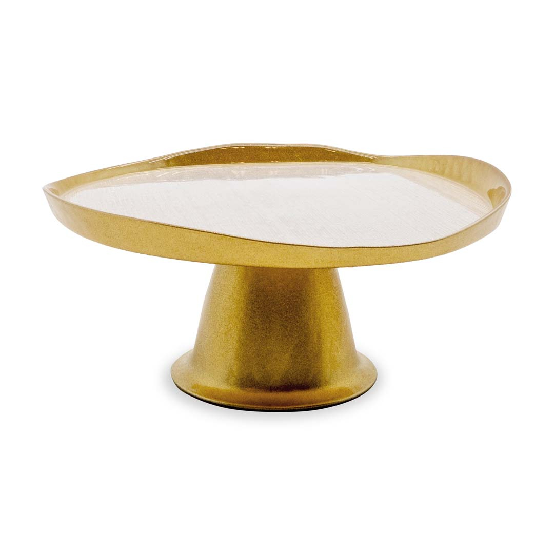 Alzata in vetro Oro e Perla WD Lifestyle. Design a goccia con finitura metallizzata. Perfetta per dolci di lusso, buffet salati e come decorazione raffinata.