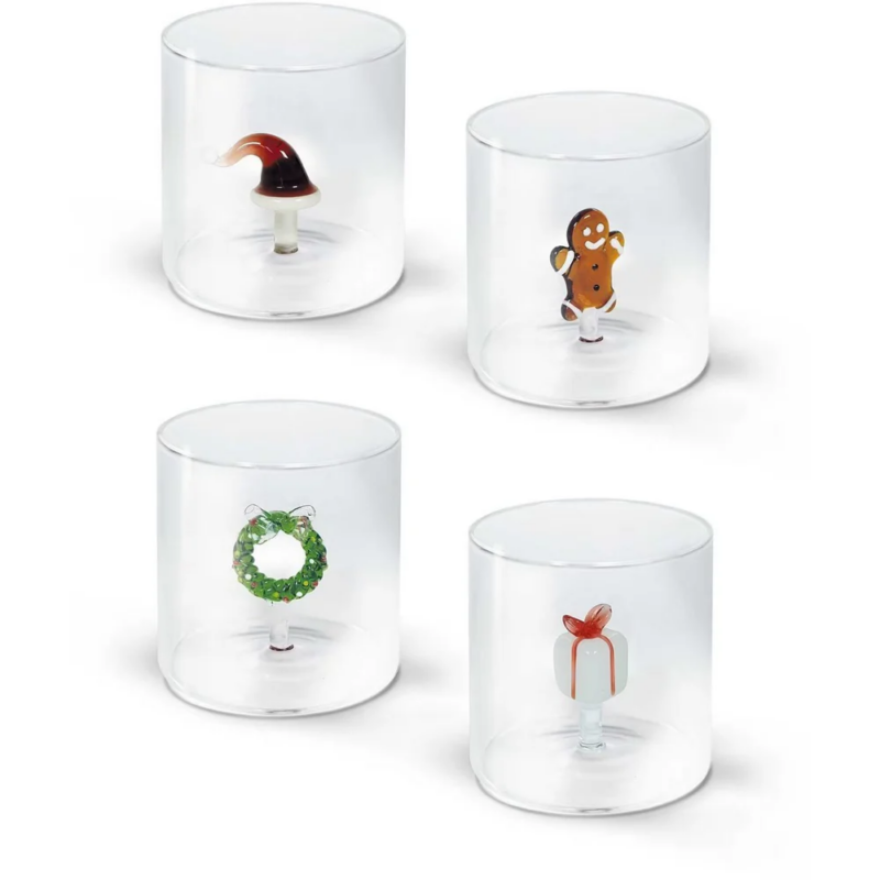 Bicchiere natalizio singolo WD Lifestyle in vetro borosilicato. Decorazioni 3D interne (Gingerbread, Pacco Regalo, ecc.). Perfetto per bevande e regali unici.