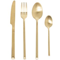 Set Posate Oro Satinato 24 pz in Acciaio Inox. Finitura opaca e design minimal per tavole moderne ed eleganti. Acquista le tue posate matt ora!