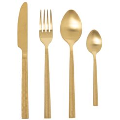 Set Posate Oro Satinato 24 pz in Acciaio Inox. Manico inciso Chevron/Spina di Pesce. Design geometrico per tavole eleganti. Acquista il set opaco ora!