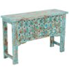 Console in legno di mango blu chiaro con rivetti in metallo. Artigianale, elegante e decorativa. Misure 120×40×80 cm, perfetta per ingressi e soggiorni.