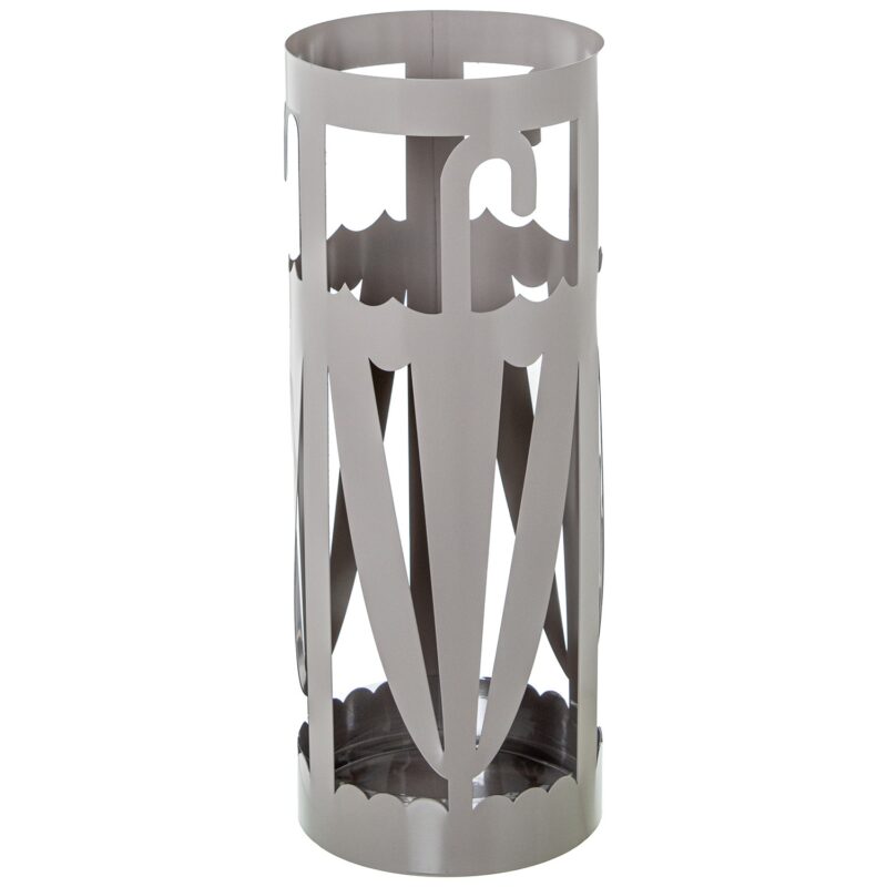 Portaombrelli in metallo tortora con design ombrello traforato. Elegante, moderno e funzionale. Perfetto per ingressi contemporanei, uffici e studi.