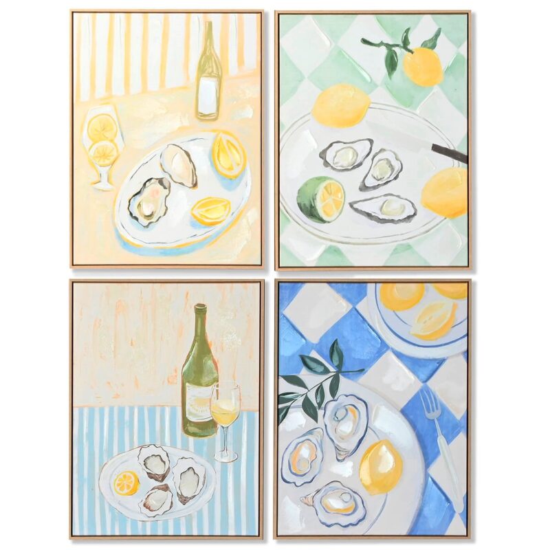 Quadro 60×80 con quattro nature morte mediterranee. Cornice elegante, colori vivaci e stile raffinato. Perfetto per decorare la cucina con personalità.