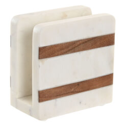 Portatovaglioli in marmo e acacia dal design elegante e naturale. Solido, decorativo e perfetto per una tavola curata e contemporanea.