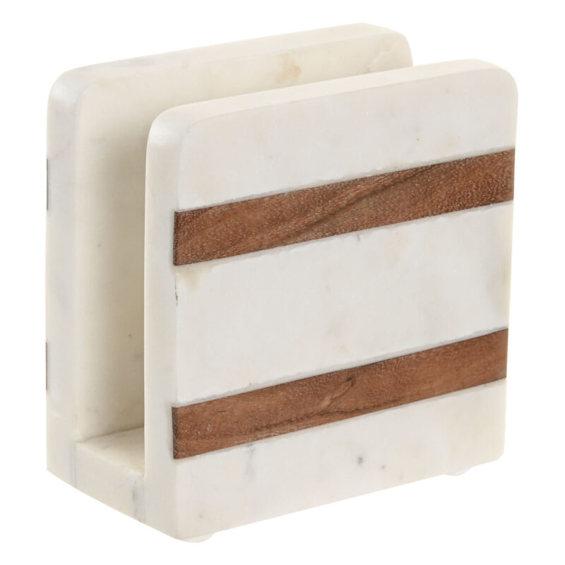Portatovaglioli in marmo e acacia dal design elegante e naturale. Solido, decorativo e perfetto per una tavola curata e contemporanea.