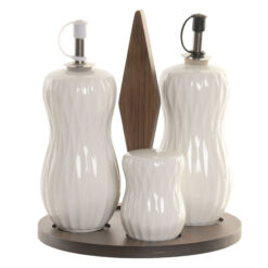 Menage in porcellana con base in legno. Elegante, pratico e decorativo. Perfetto per olio, aceto e condimenti, ideale per tavole moderne e curate.