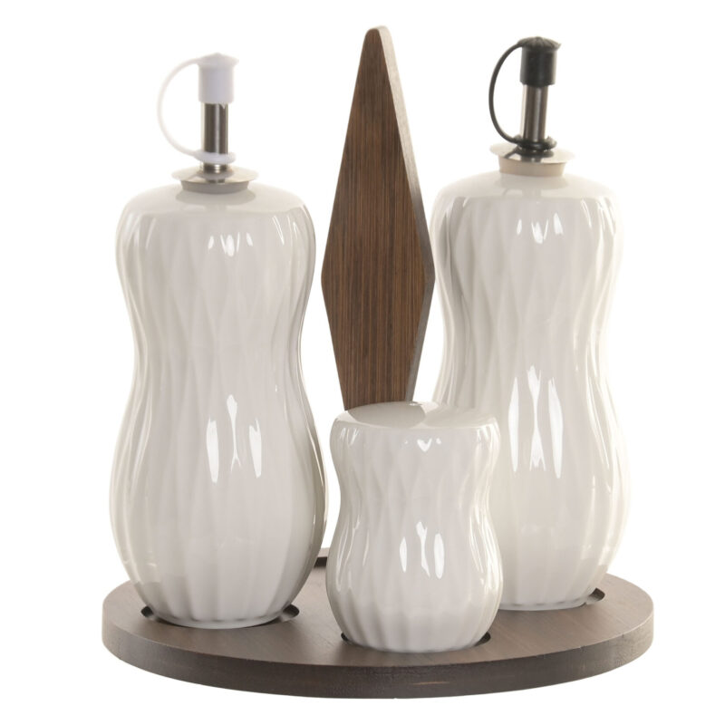 Menage in porcellana con base in legno. Elegante, pratico e decorativo. Perfetto per olio, aceto e condimenti, ideale per tavole moderne e curate.