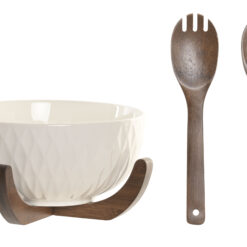 Insalatiera in porcellana con base e posate in legno. Elegante, naturale e pratica. Ideale per servire insalate e contorni con stile.