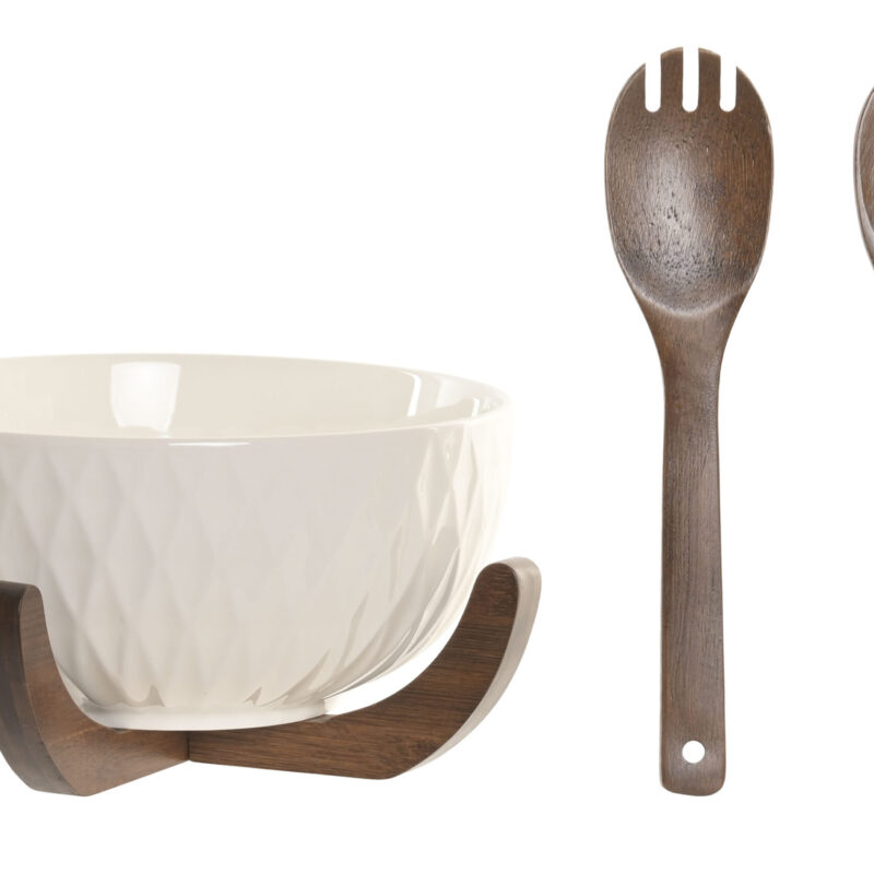 Insalatiera in porcellana con base e posate in legno. Elegante, naturale e pratica. Ideale per servire insalate e contorni con stile.