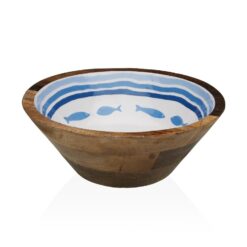 Ciotola in legno con interno decorato tema mare. Pesci blu, stile naturale e design moderno. Perfetta per servire o decorare con eleganza.