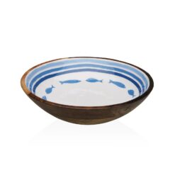 Ciotola in legno con interno decorato tema mare. Pesci blu, stile naturale e design moderno. Perfetta per servire o decorare con eleganza.
