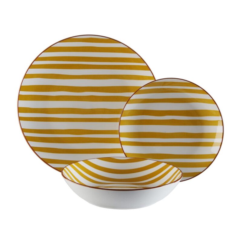 Servizio piatti a righe bianche e gialle 18 pz in porcellana. Moderno, luminoso e resistente, ideale per tavole fresche e colorate.