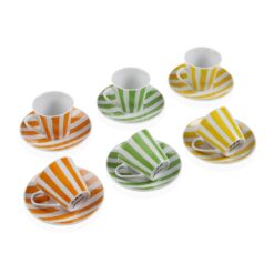 Set tazzine da caffè a righe colorate con piattino. Moderne, vivaci e resistenti. Perfette per uso quotidiano e per servire il caffè con stile.