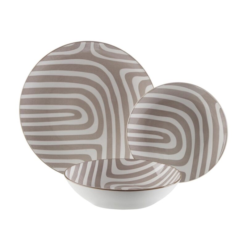 Servizio piatti moderno tortora 18 pz in porcellana. Elegante, resistente e decorato con motivo geometrico. Perfetto per tavole di design.