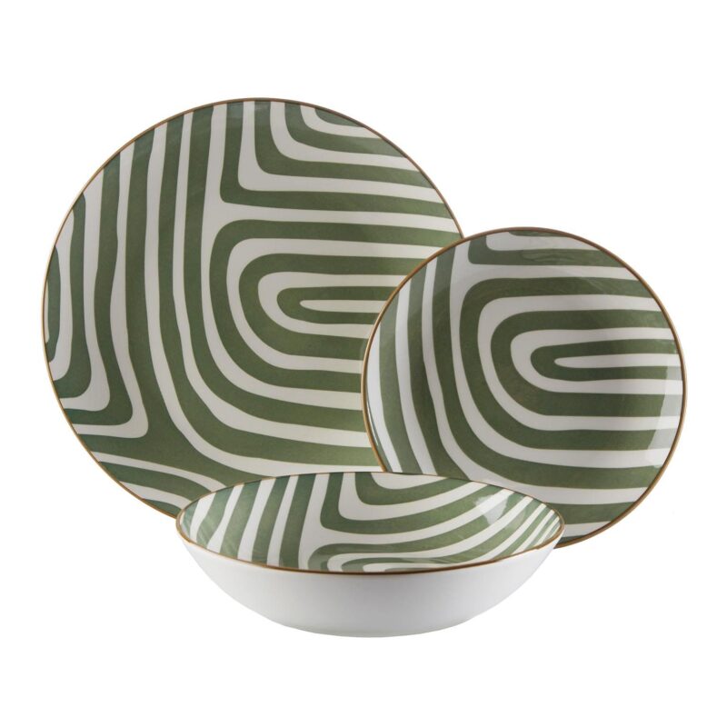Servizio piatti moderno verde 18 pz in porcellana. Elegante, resistente e decorato con motivo geometrico. Perfetto per tavole di design.