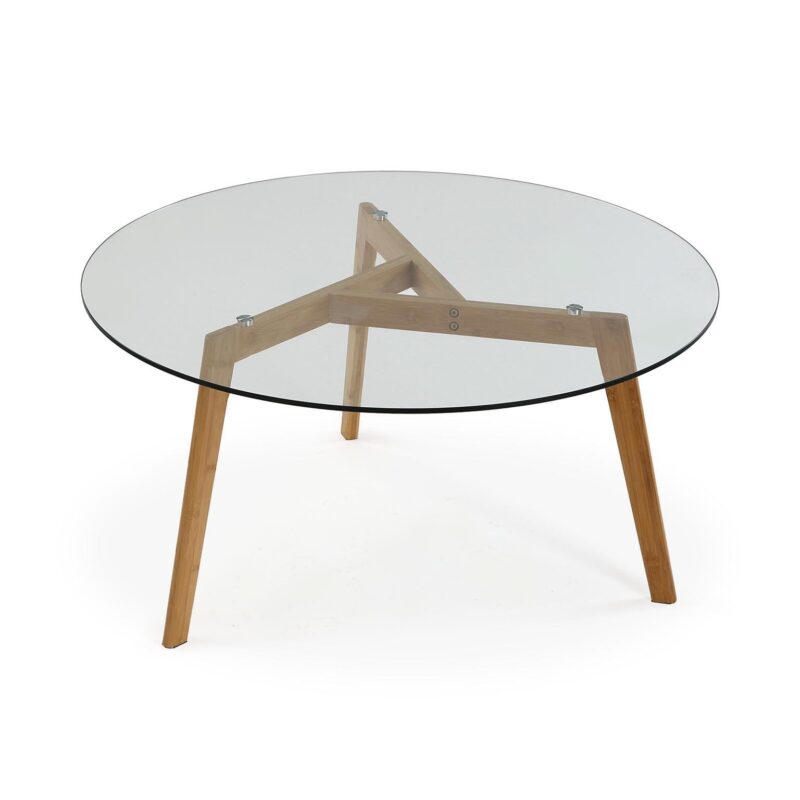 Tavolino da salotto in legno e vetro. Moderno, rotondo e resistente. Perfetto per soggiorni eleganti e ambienti contemporanei.