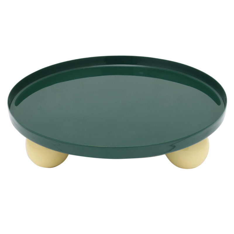 Alzata in metallo verde e giallo Present Time: design moderno, base scultorea e colori vivaci. Perfetta per dolci, centrotavola o decorazioni.