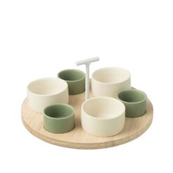 Antipastiera in ceramica bianca e verde con vassoio in legno: 6 ciotoline eleganti per servire aperitivi e snack con stile.