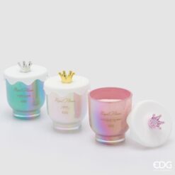 Candele Royal EDG: vetro iridescente, coperchio con corona e fragranze miste per profumare e decorare la casa con eleganza, stile e un tocco luxury.
