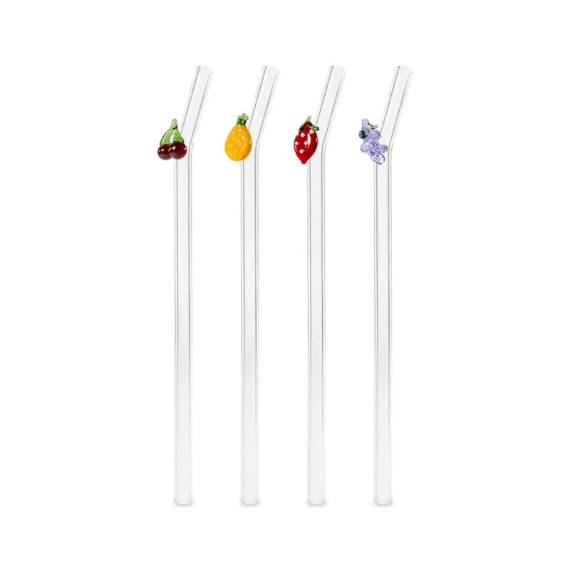 Set 4 cannucce in vetro con decoro frutta WD Lifestyle. Riutilizzabili, resistenti e colorate, perfette per drink, cocktail e mise en place creative.