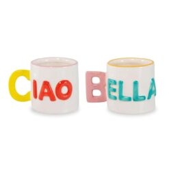 Coppia tazzine da caffè “Ciao Bella” WD Lifestyle. In ceramica, colorate e decorative, perfette come regalo o per una colazione piena di energia.
