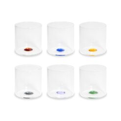 Set 6 bicchierini in vetro borosilicato WD Lifestyle. Moderni, resistenti e con punti colorati, perfetti per liquori, aperitivi e degustazioni.