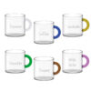 Set 6 tazzine da caffè WD Lifestyle in vetro borosilicato trasparente con manici colorati e scritte tema caffè. Acquista su Savino Arte e Design!