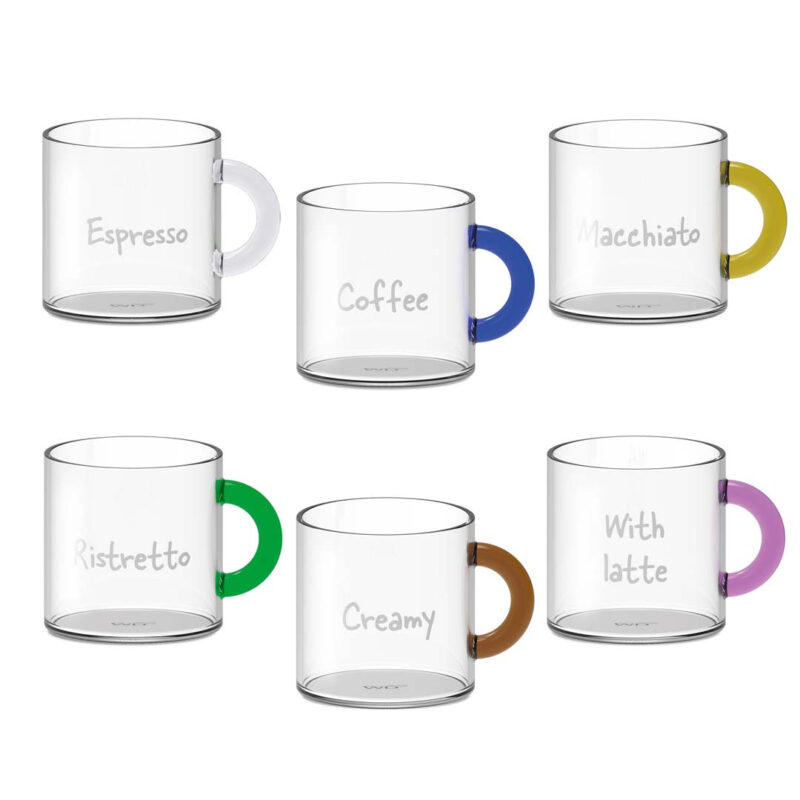 Set 6 tazzine da caffè WD Lifestyle in vetro borosilicato trasparente con manici colorati e scritte tema caffè. Acquista su Savino Arte e Design!