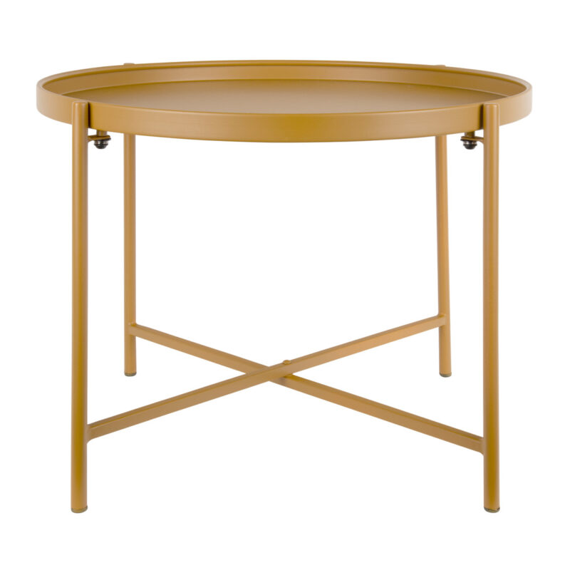 Tavolino in metallo giallo ocra Present Time: design moderno, bordo rialzato e struttura leggera. Perfetto come tavolino laterale, da salotto o d’ingresso.